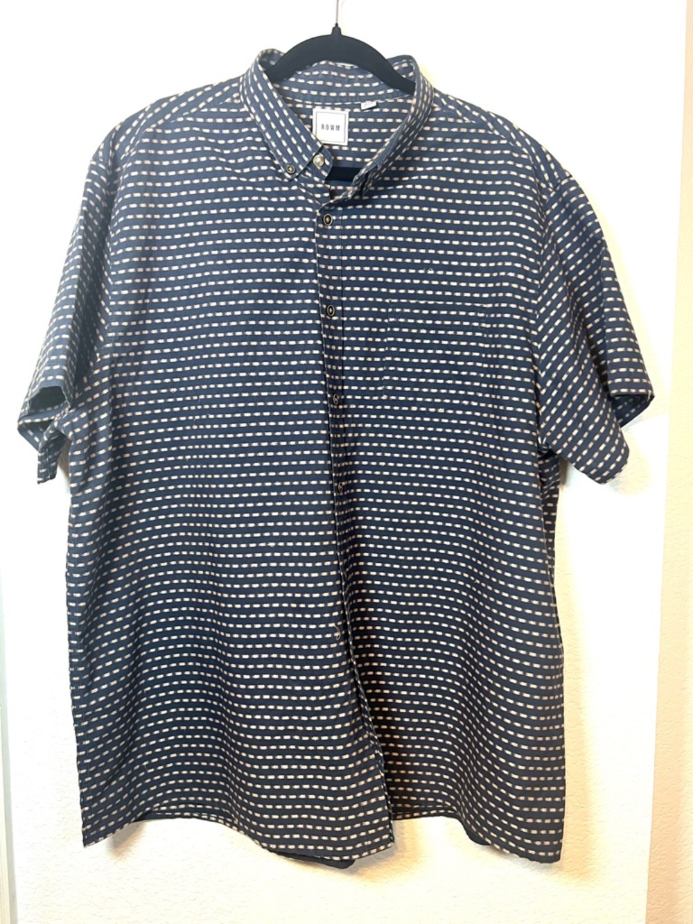 Men's Navy geometric Patterned Short-Sleeve Button-Up Shirt XXL cotton lyocell